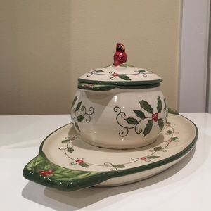 Temp-tations by Tara Cardinal Holly Sandwich Plate Platter & Soup Bowl Dip Set